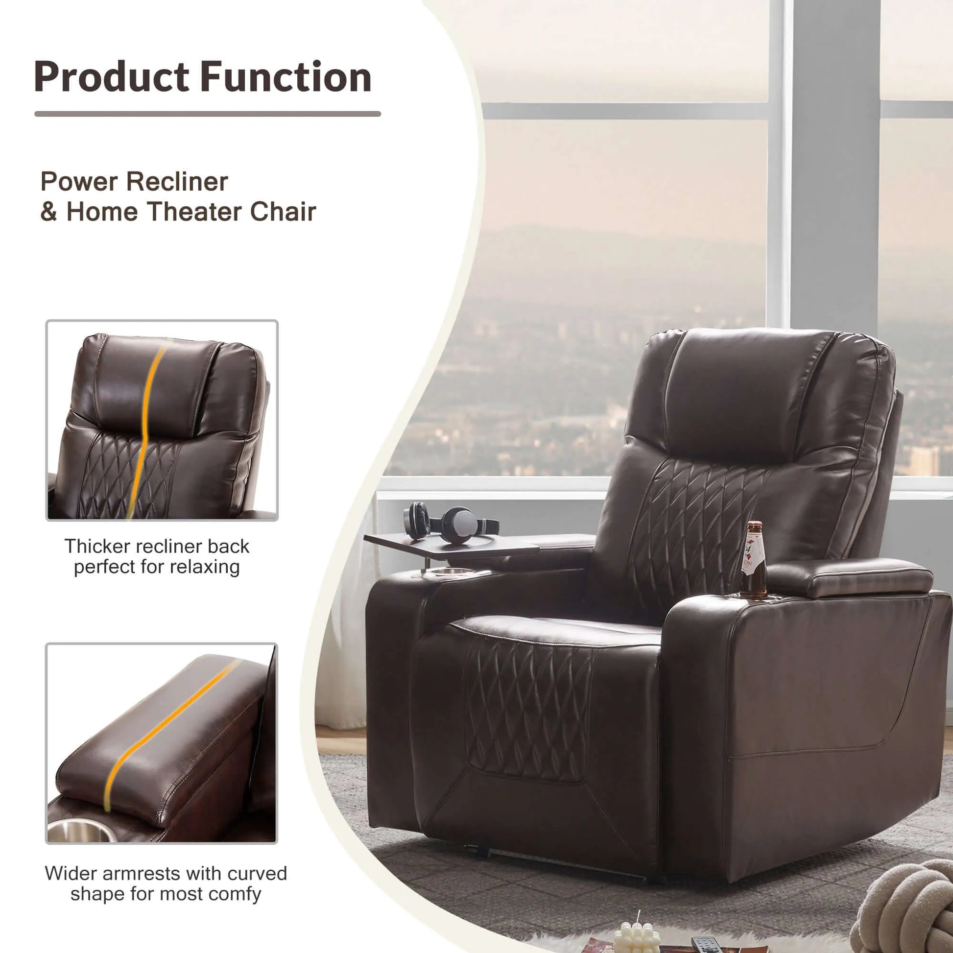 Brown faux leather power motion recliner chair with features highlighted in a home theater setting