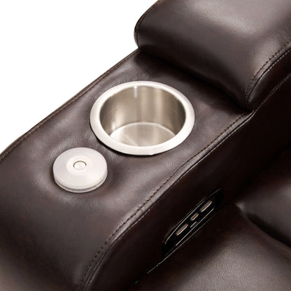 Close up of a brown faux leather power motion recliner chair armrest with cup holder, USB portss and controls on a white background