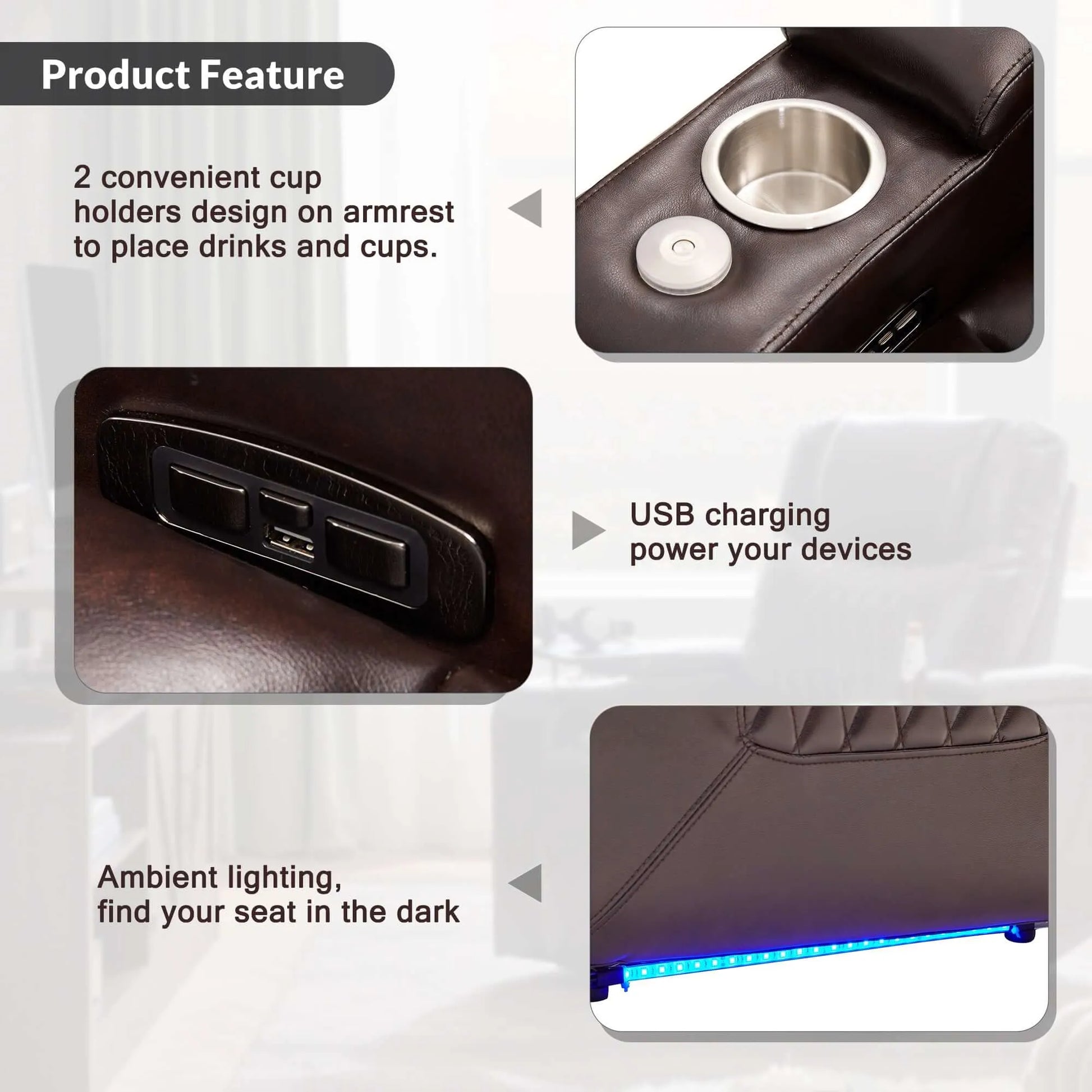 Brown faux leather power motion recliner chair armrest with cup holders, USB charging port and LED light stripping on a white background