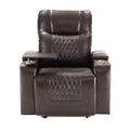 Front view of a brown faux leather power motion recliner chair with cup holders and a swivel tray on a white background