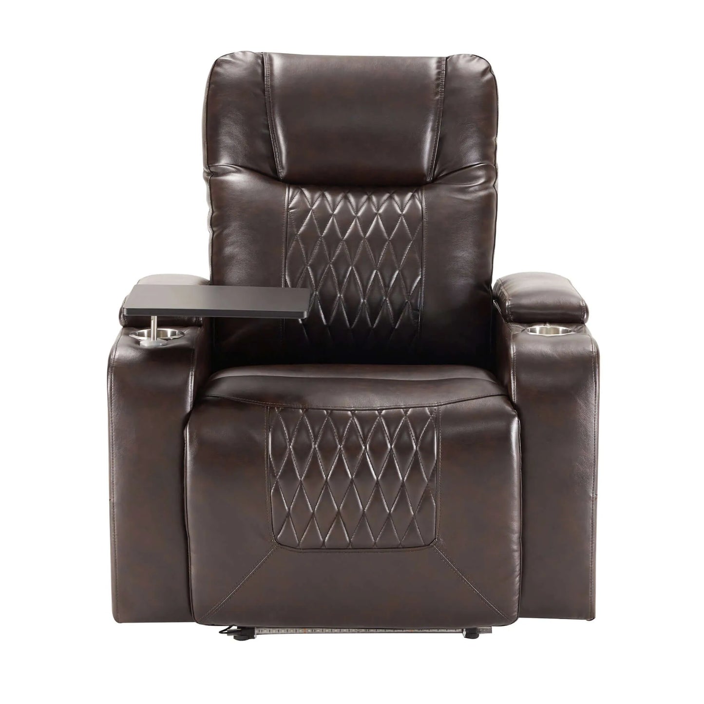 Front view of a brown faux leather power motion recliner chair with cup holders and a swivel tray on a white background