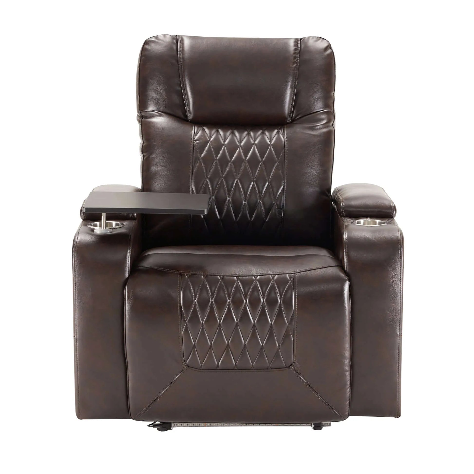 Front view of a brown faux leather power motion recliner chair with cup holders and a swivel tray on a white background