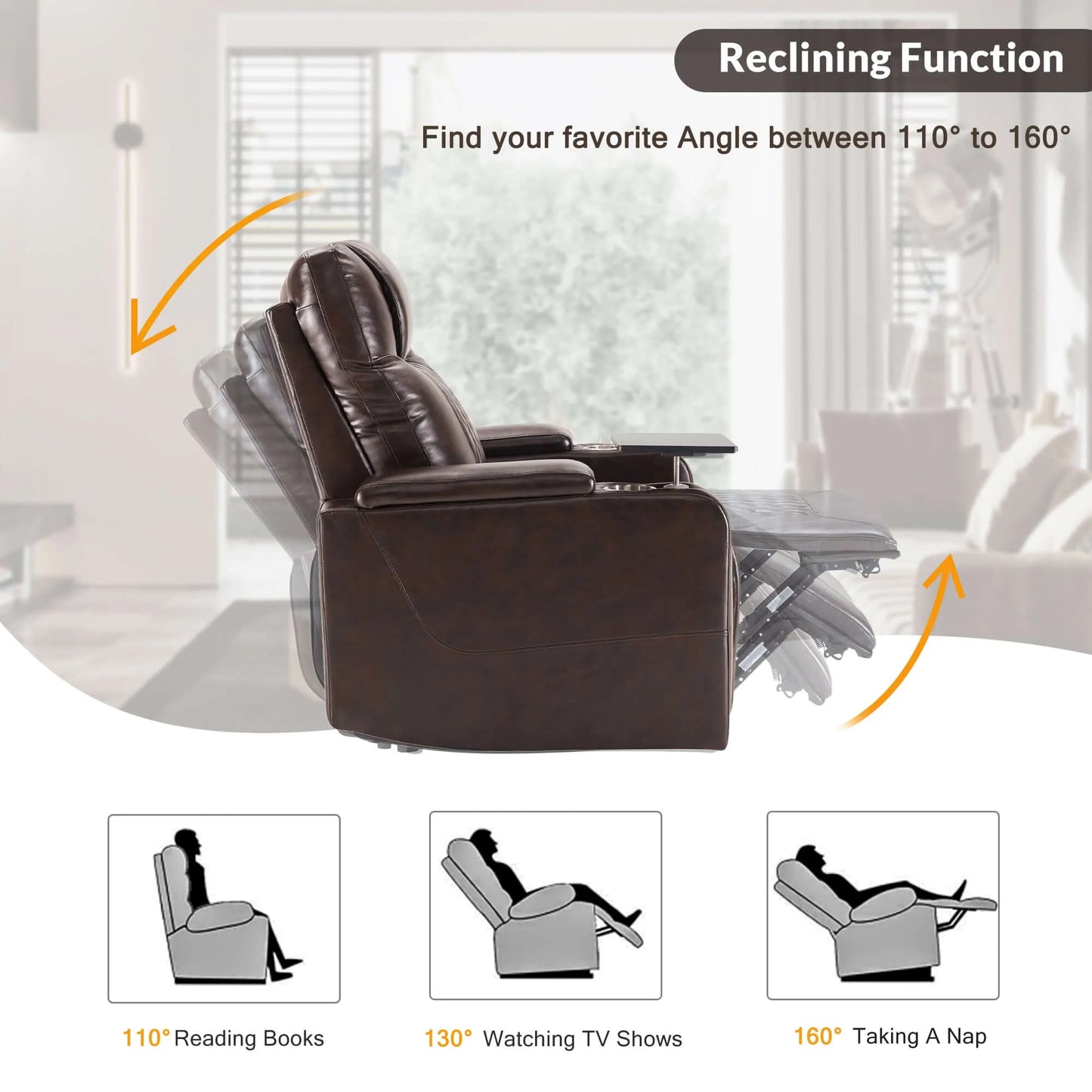 Brown faux leather power motion recliner chair with reclining function illustration in a living room setting