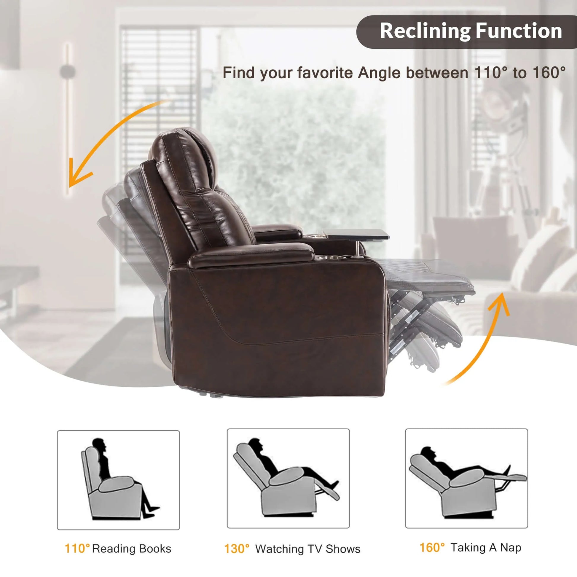 Brown faux leather power motion recliner chair with reclining function illustration in a living room setting