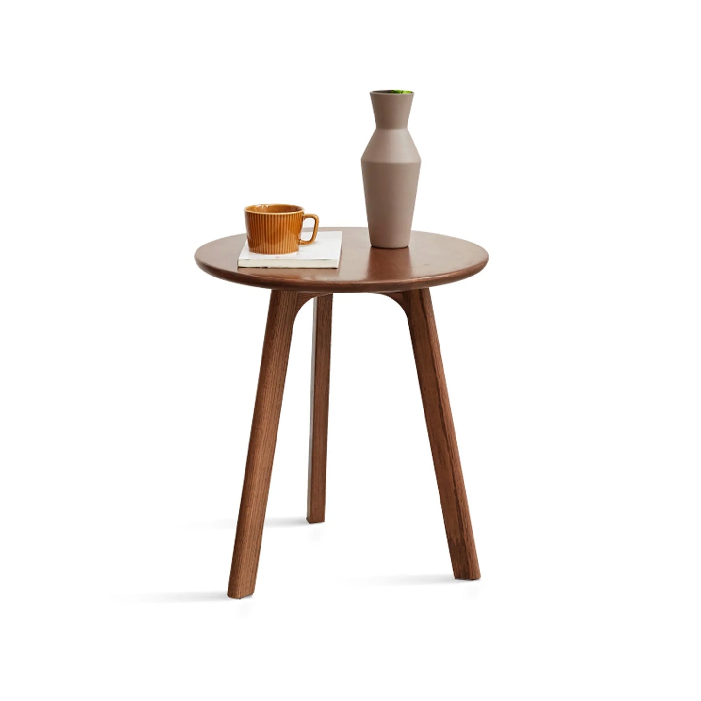 Wooden end table with a vase and cup on a white background