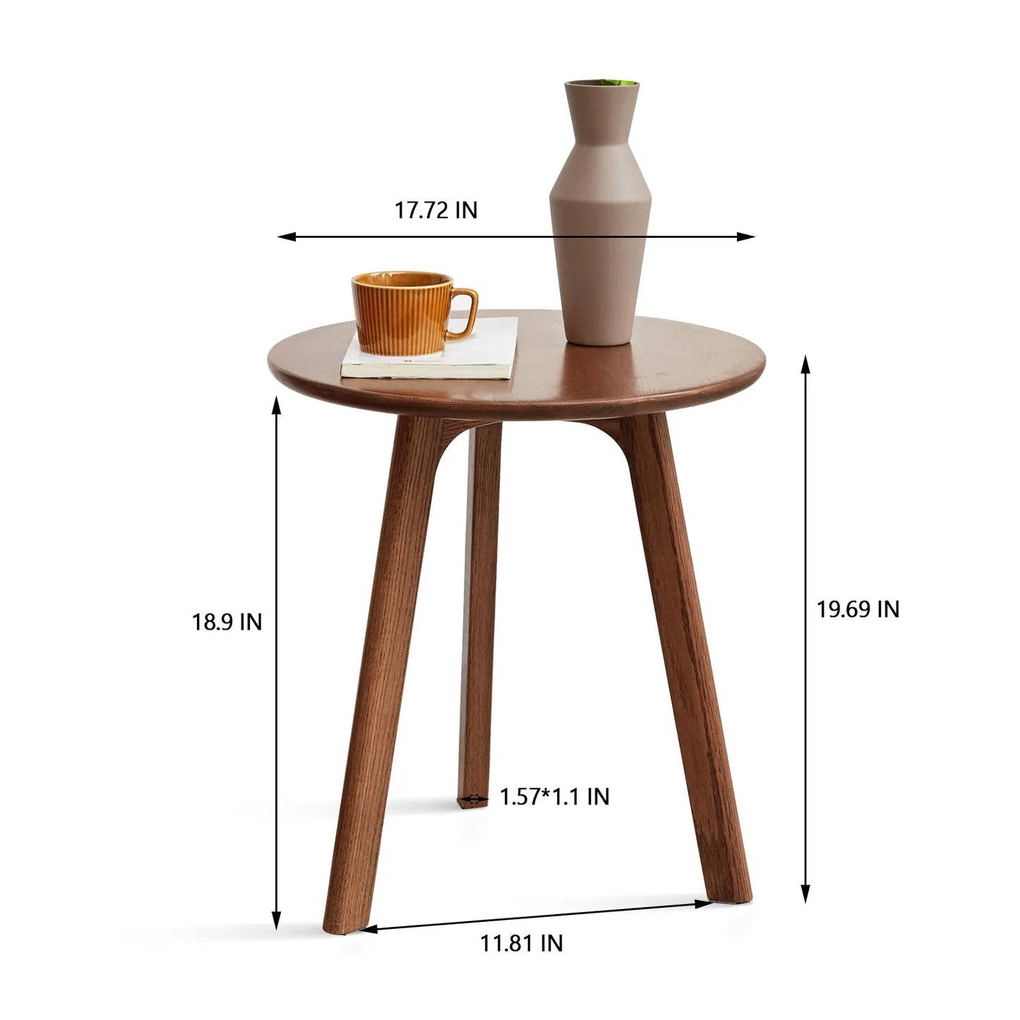 Wooden accent table with dimensions labeled on a white background