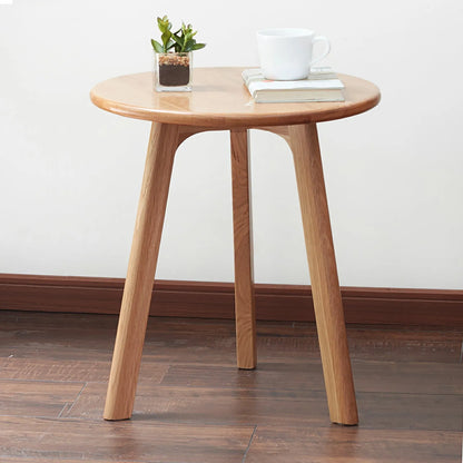Wooden end table with a plant and books on a wooden floor.