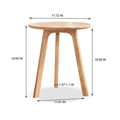 Wooden end table with dimensions labeled on a white background