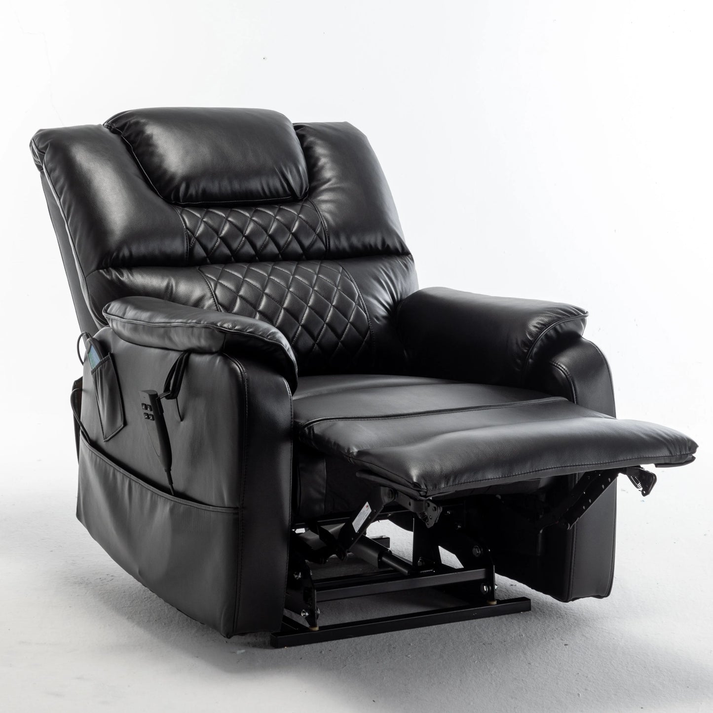 Black leather recliner chair with fully extended footrest on a white background