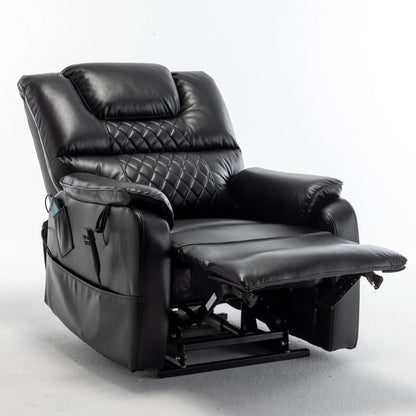 Black leather recliner chair with fully extended footrest on a white background