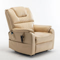Side view of a beige recliner chair with remote controls on a white background