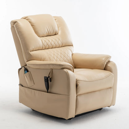 Side view of a beige recliner chair with remote controls on a white background