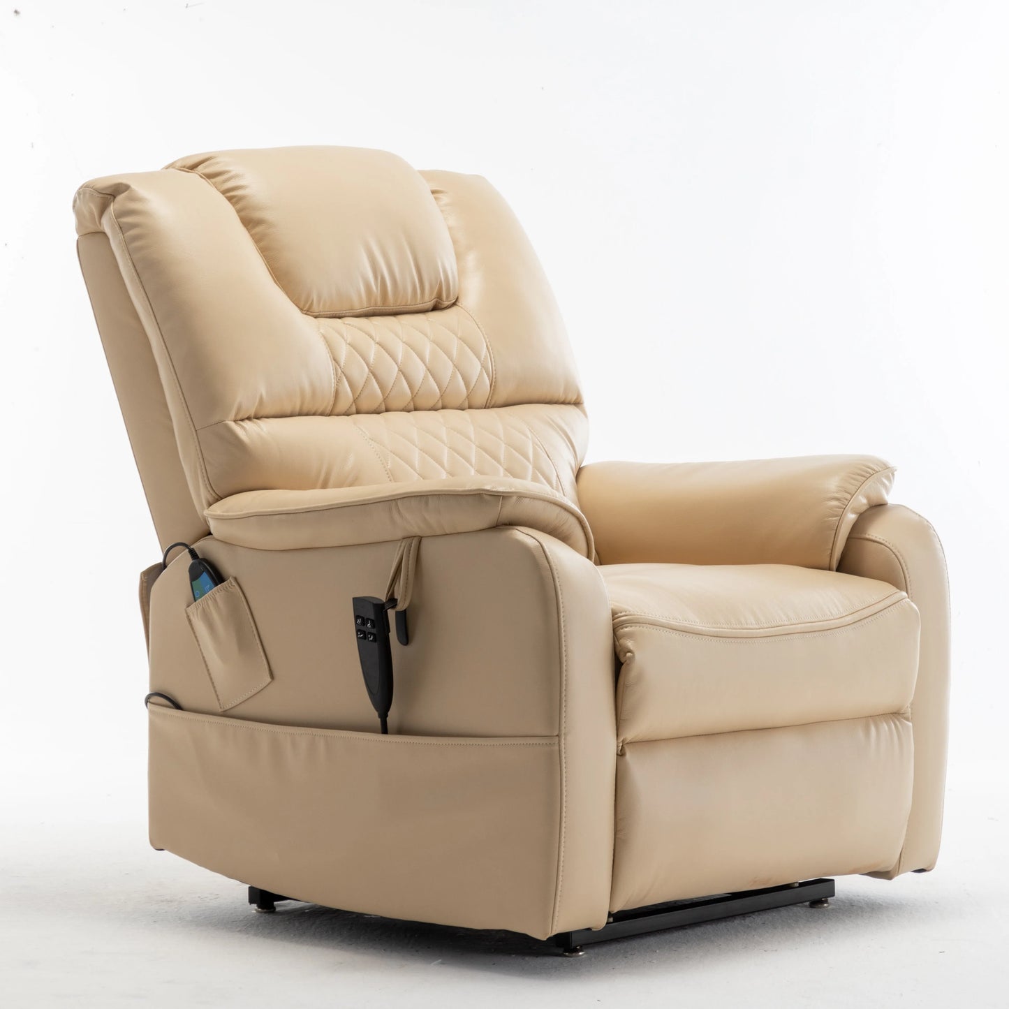 Side view of a beige recliner chair on a white background