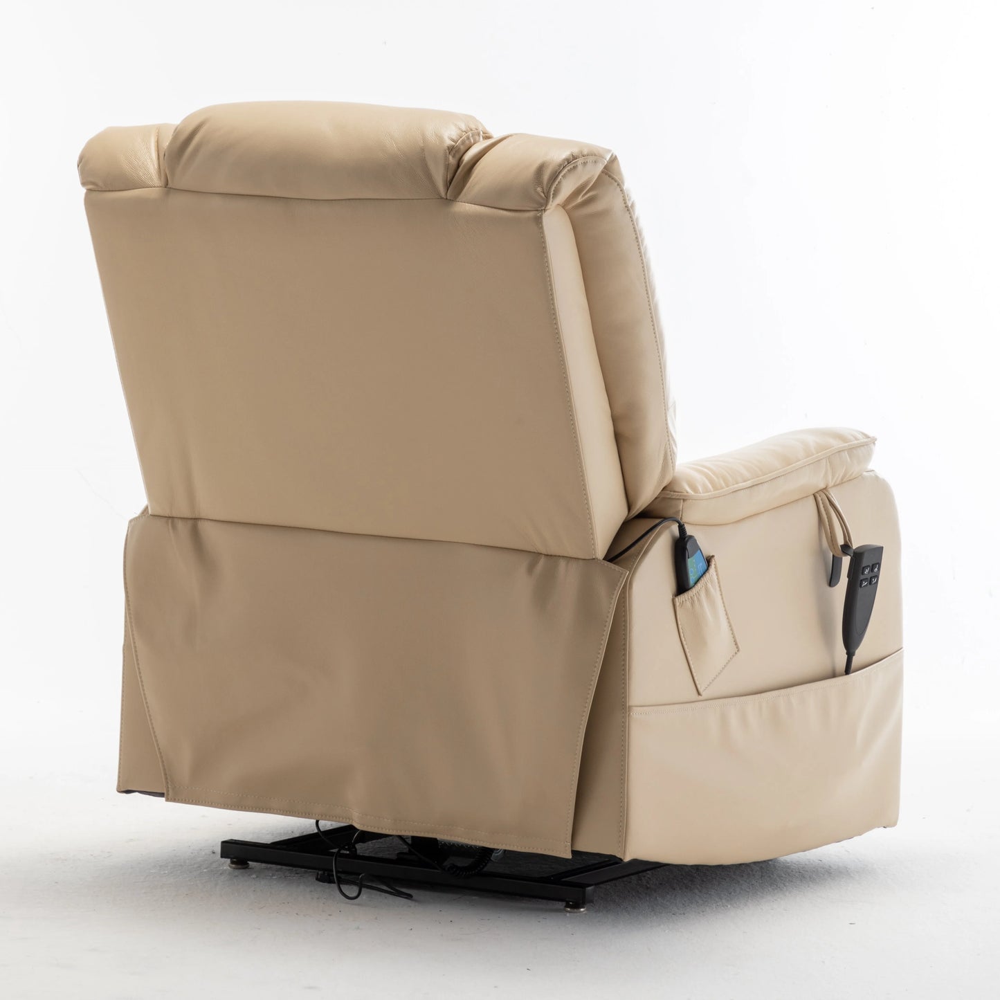 Back view of a beige recliner chair with remotes on a white background