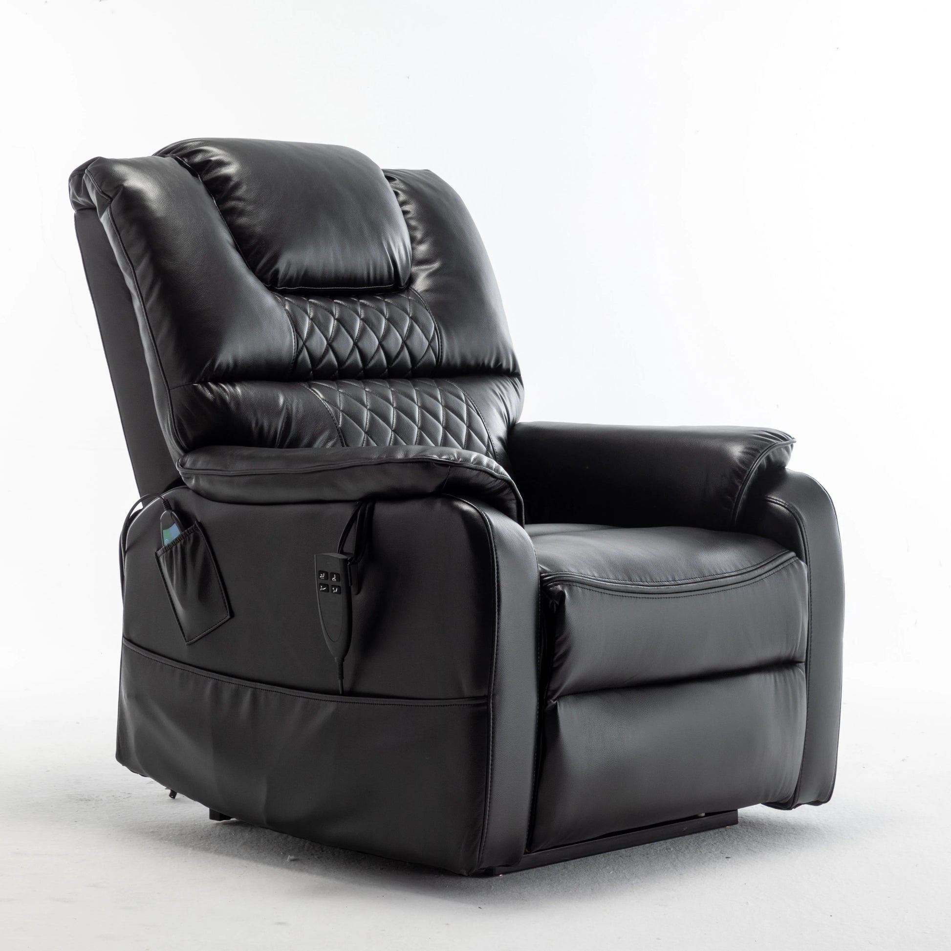 Angled view of a black leather recliner chair on a white background