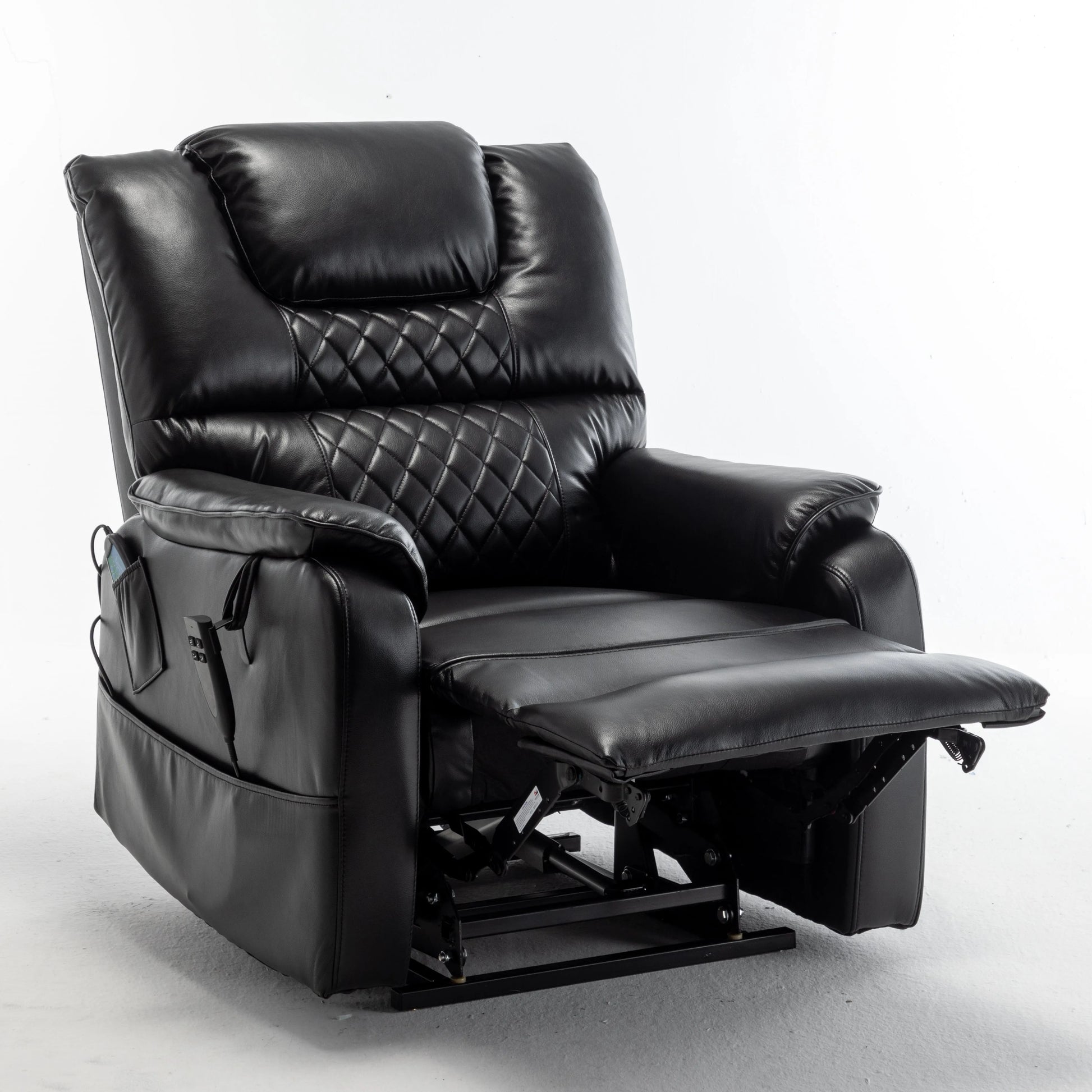 Black leather recliner chair with extended footrest on a white background