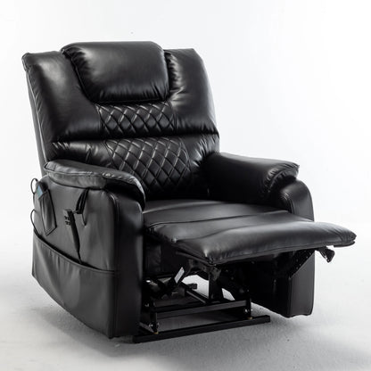 Black leather recliner chair with extended footrest on a white background
