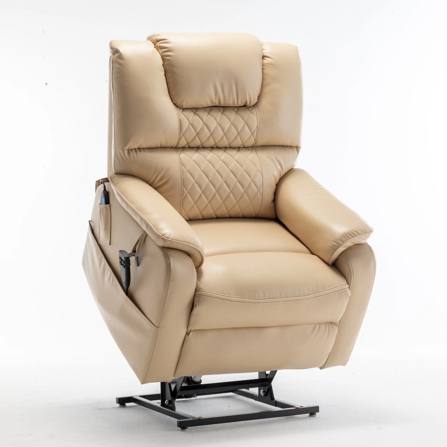 Beige recliner lift chair in upright position on a white background