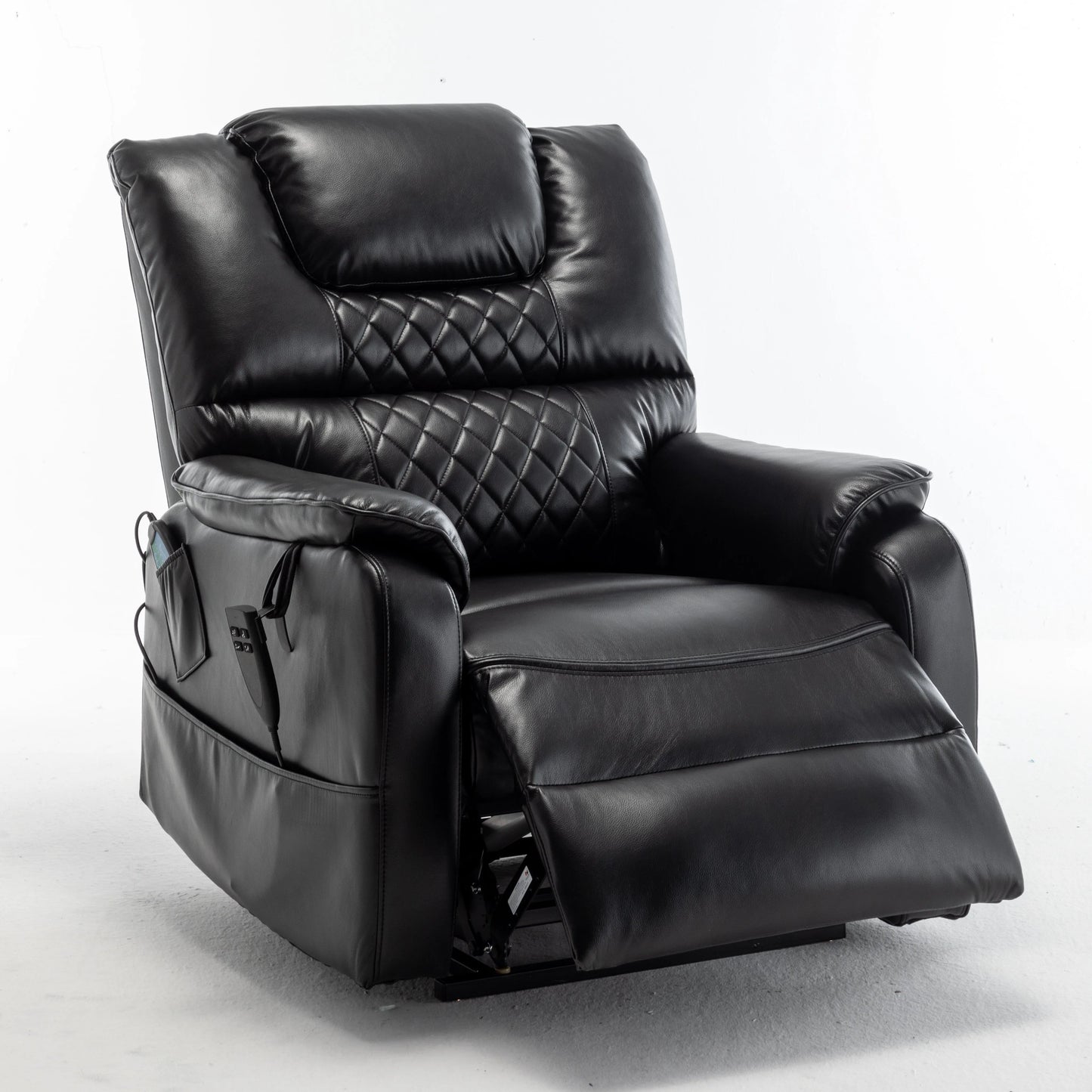 Black quilted leather recliner chair on a white background