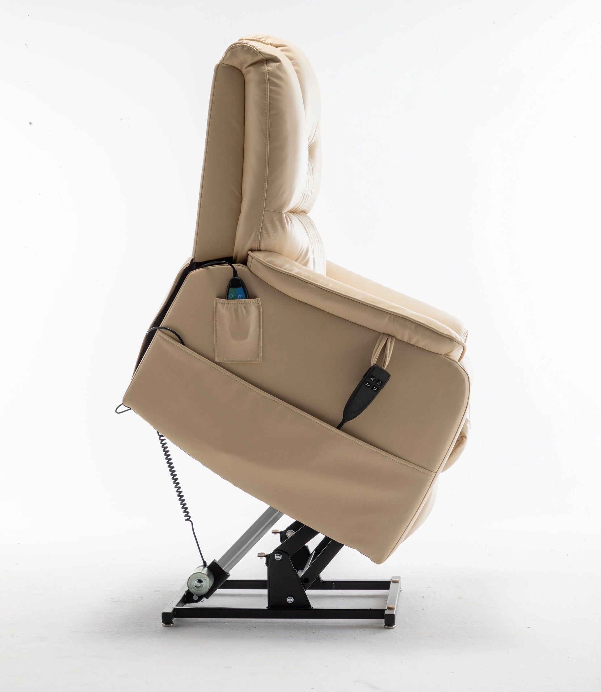 Side view of a beige recliner lift chair with adjustable base on a white background