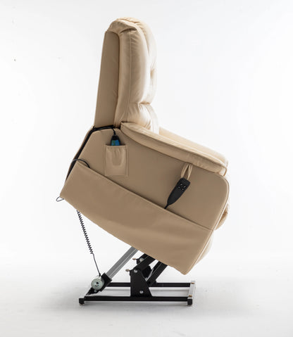 Side view of a beige recliner lift chair with adjustable base on a white background