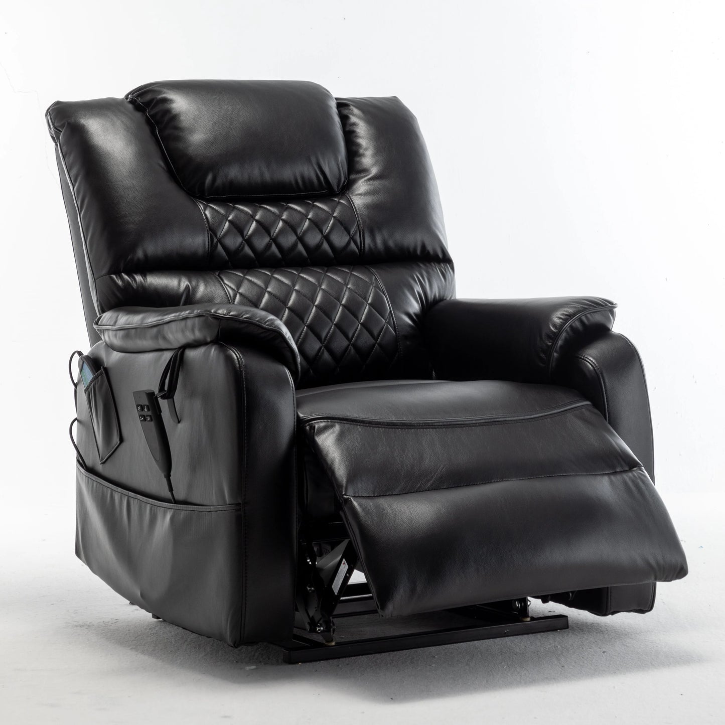 Black leather recliner chair with a partially extended footrest on a white background