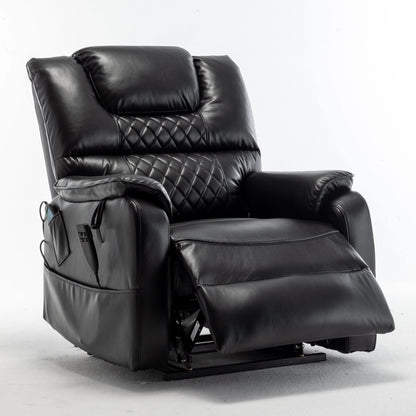 Black leather recliner chair with a partially extended footrest on a white background