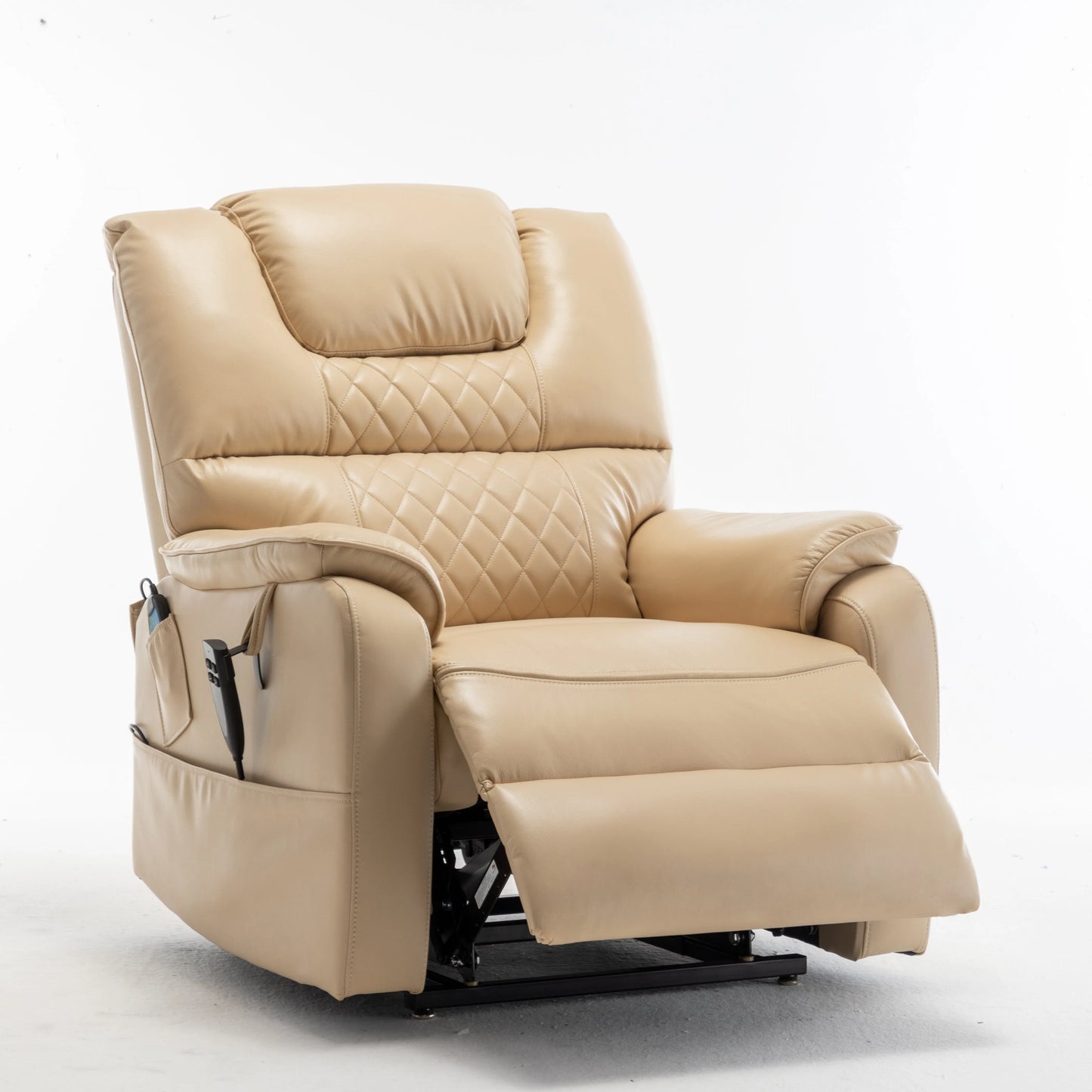 Beige recliner chair with footrest extended on a white background