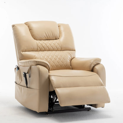 Beige recliner chair with footrest extended on a white background