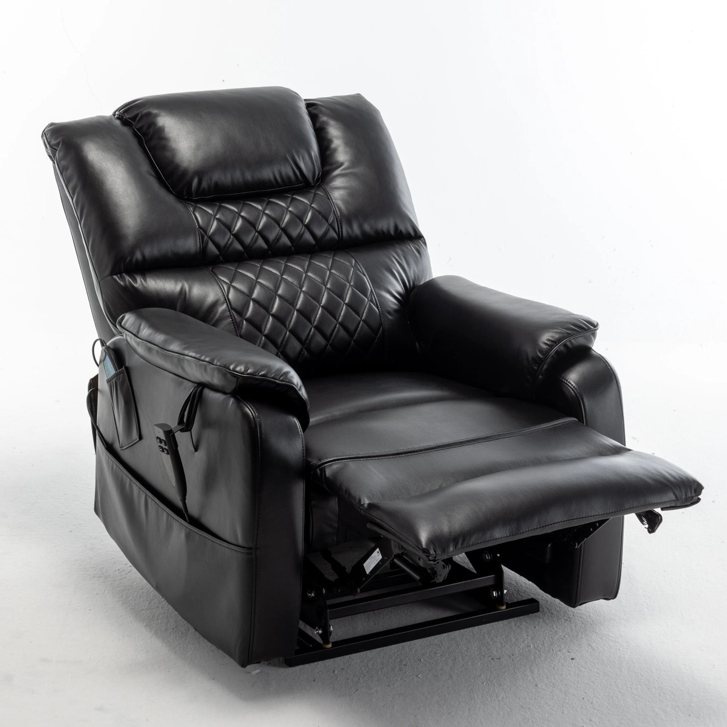 Black leather recliner chair in a partially reclined position on a white background