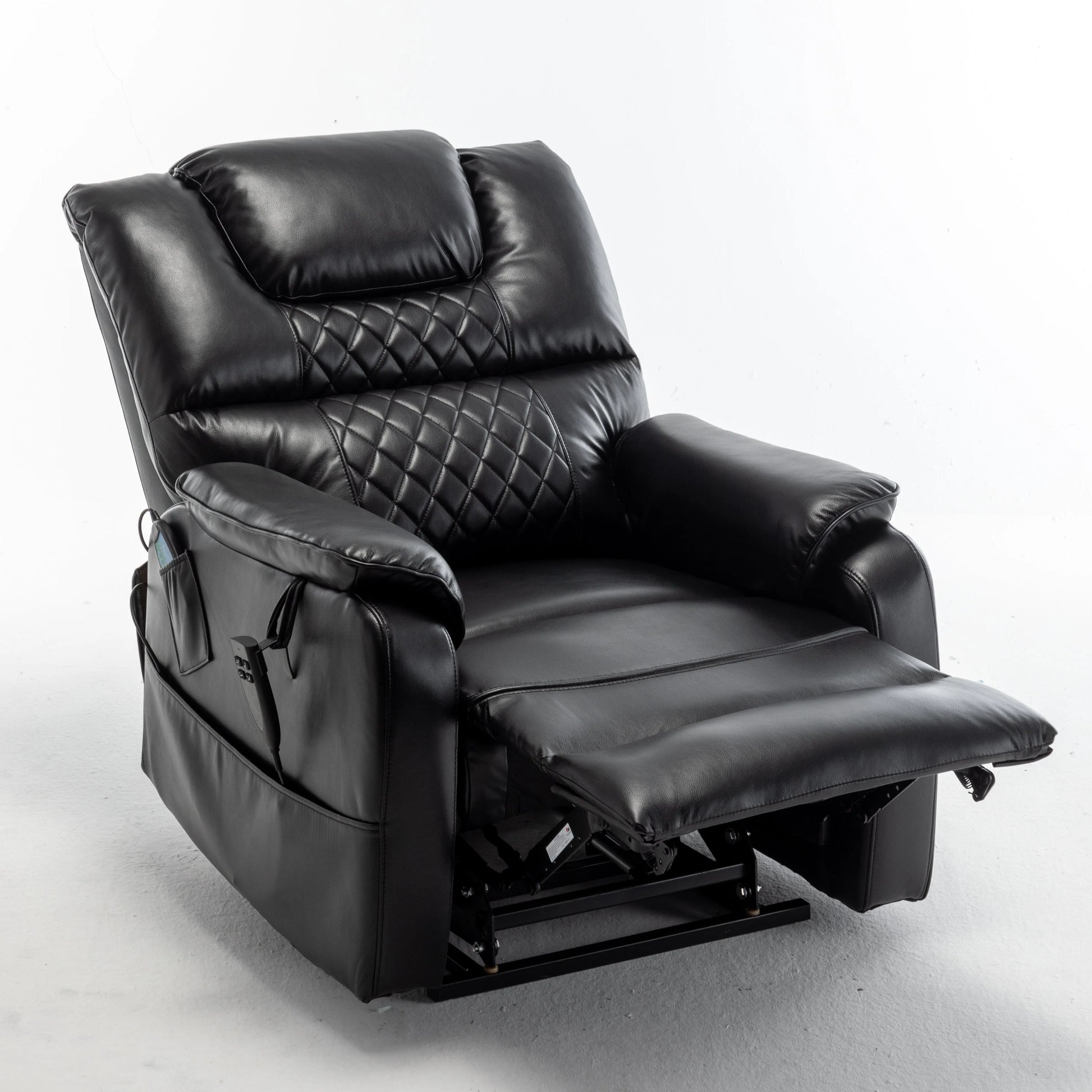 Black leather recliner chair in a partially reclined position on a white background