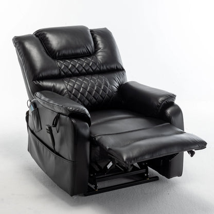 Black leather recliner chair in a partially reclined position on a white background