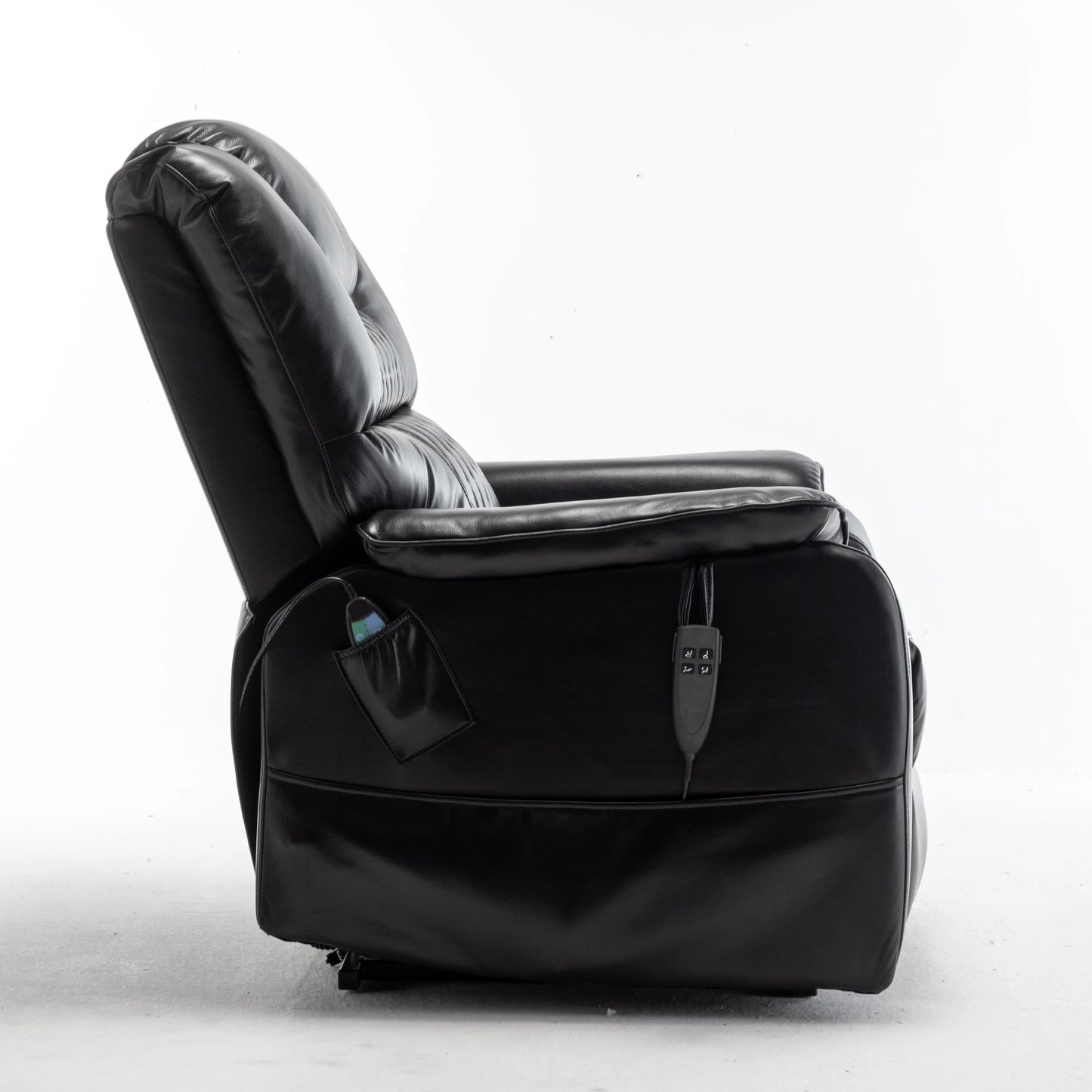 Side view of a black recliner chair on a white background