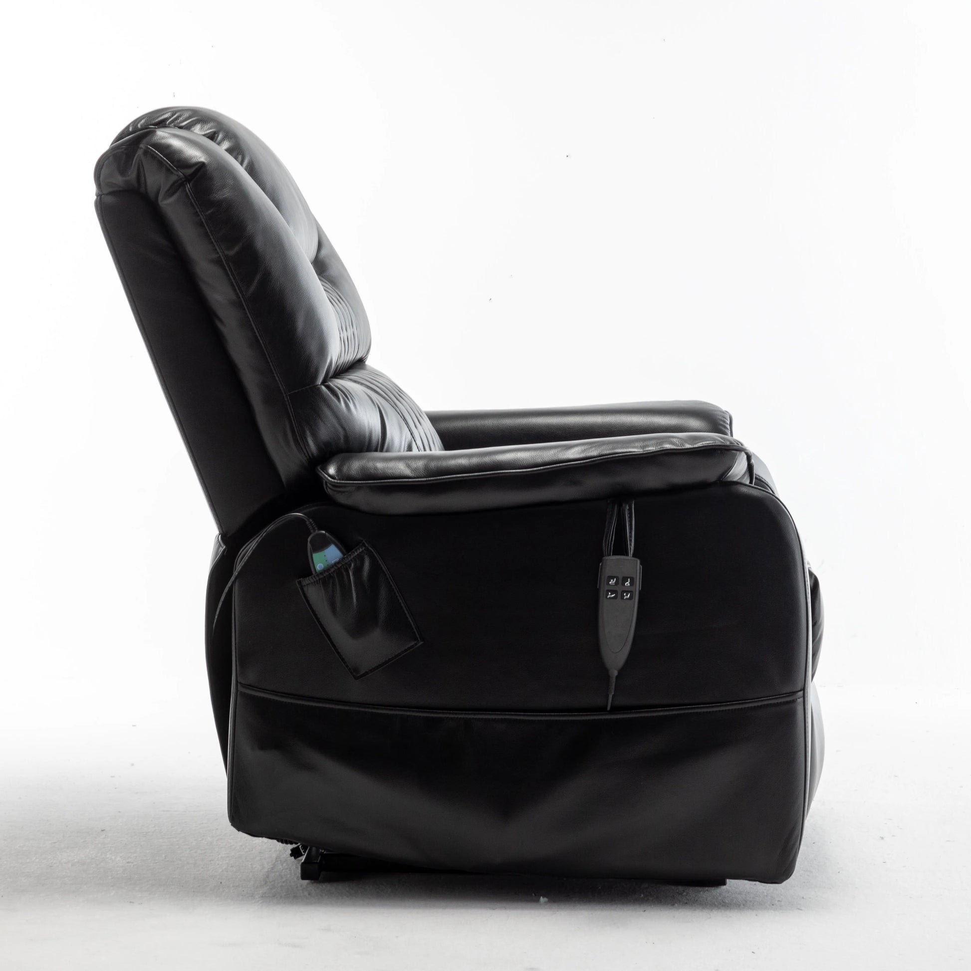 Side view of a black recliner chair on a white background