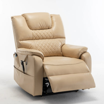 Beige recliner chair with footrest partially extended on a white background