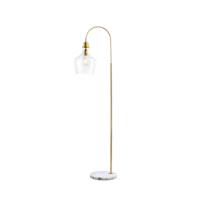 Modern floor lamp with gold arch and marble base on a white background