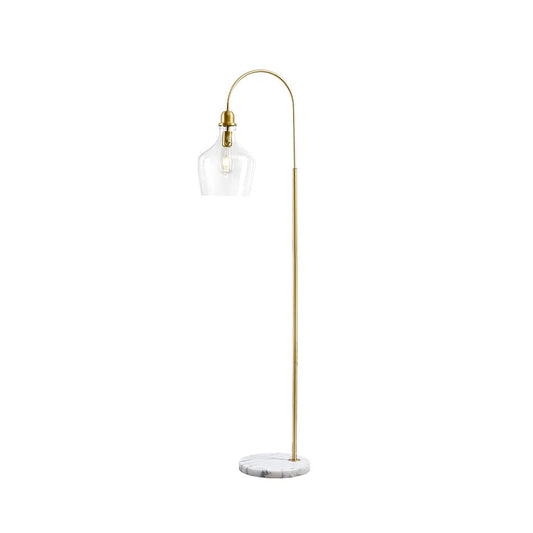 Modern floor lamp with gold arch and marble base on a white background