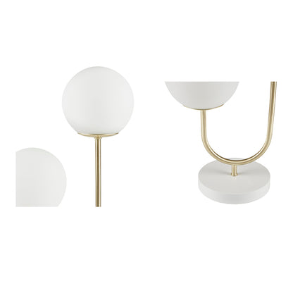 Set of two table lamps with white glass shades and marble bases on a white background