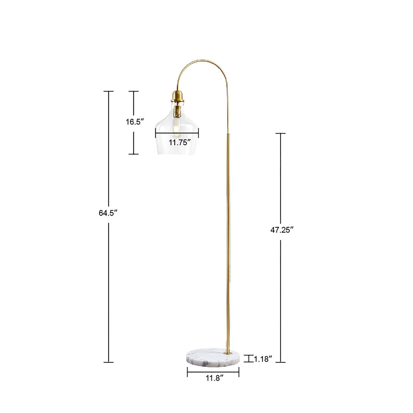 Floor lamp with dimensions labeled on a white background