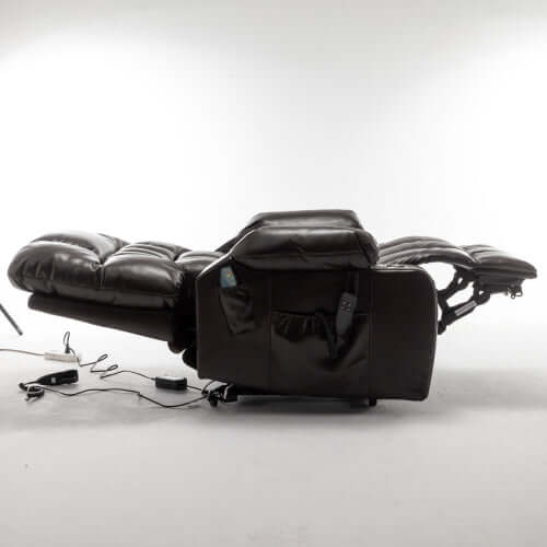 Red wine faux leather recliner chair with attached massage device on a white background