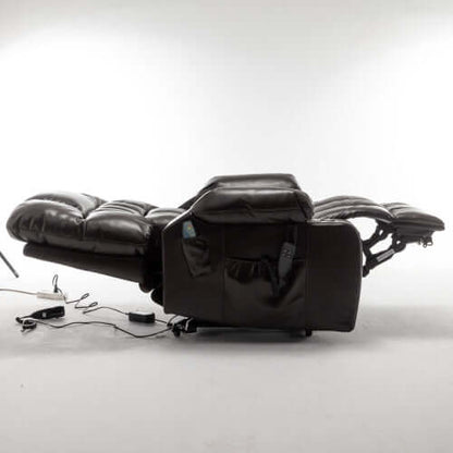 Red wine faux leather recliner chair with attached massage device on a white background
