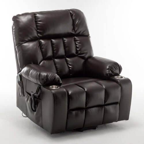 red wine faux leather recliner chair with cup holders on a white background