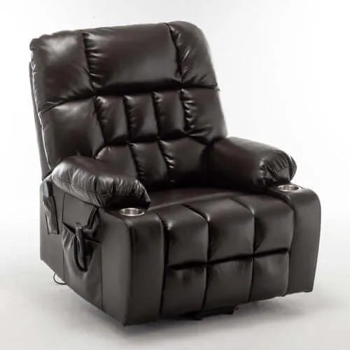 red wine faux leather recliner chair with cup holders on a white background