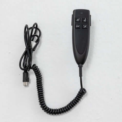 Black remote control with coiled cable on a white background
