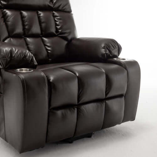 Red wine faux leather recliner chair with cup holders on a white background
