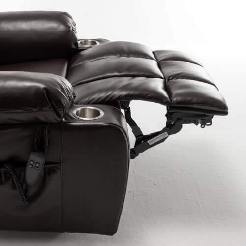 Close-up of a red wine faux leather recliner chair with cup holders on a white background