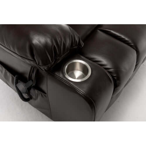 Red wine faux leather recliner with a cup holder on a light gray background