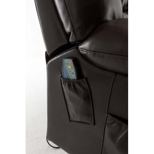 Red wine faux leather recliner with a control panel pocket on a white background