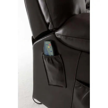Red wine faux leather recliner with a control panel pocket on a white background