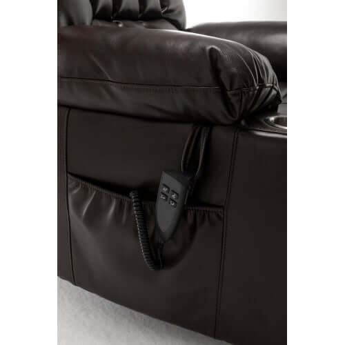 Close-up of a red wine faux leather recliner with control panel.